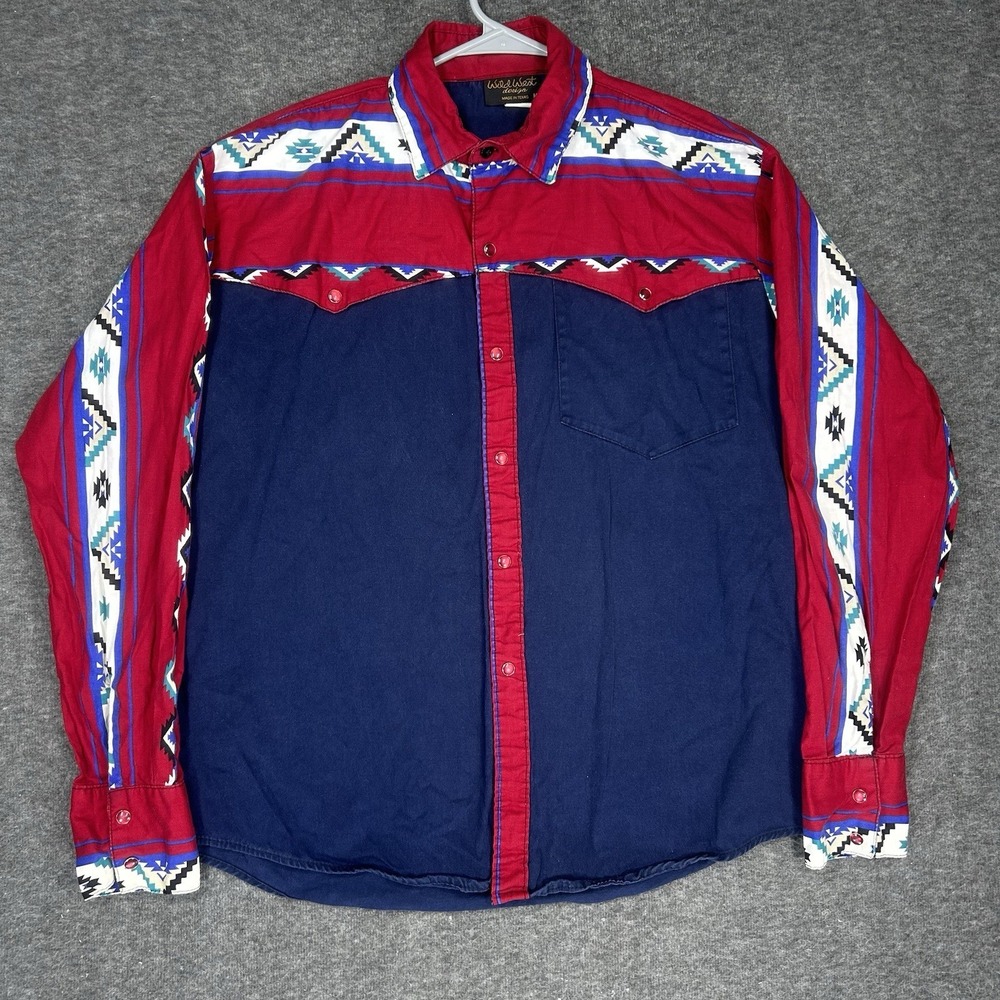 VTG Wild West Design Western Shirt Mens M Blue Red Aztec Yoke Made in Texas USA